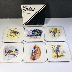 Chelsy Coasters Tropical Birds Sri Lanka Set of 6 W/ Box Acrylic Cork